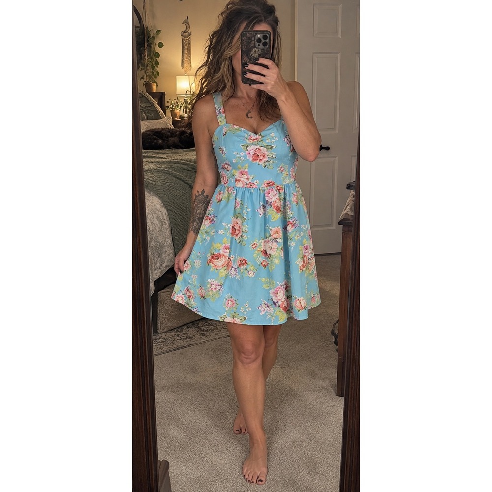 Aqua Turquoise Floral Skater Dress L 11-13 Coquette Cottagecore Fit Flare y2k